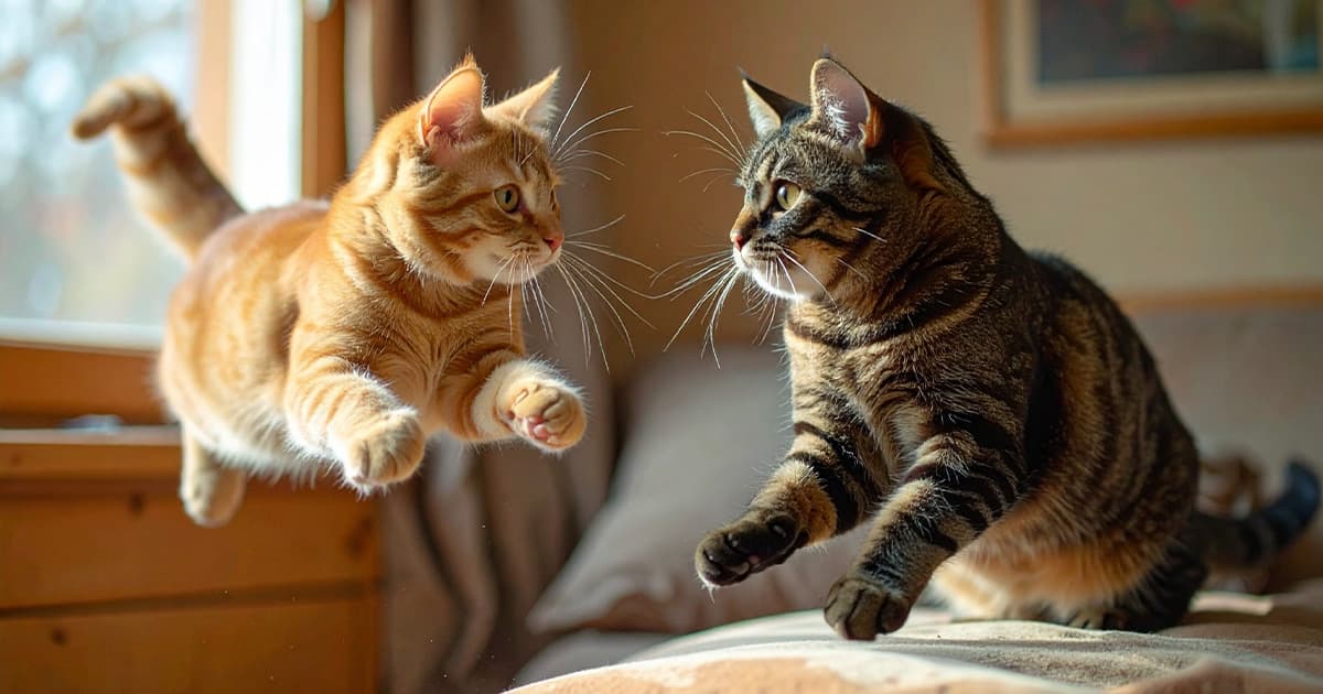 猫がベッドに飛びついている