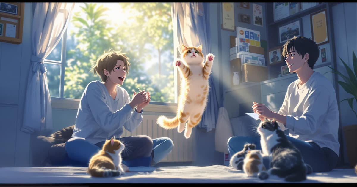 部屋で猫のジャンプを楽しく見ている男女カップル