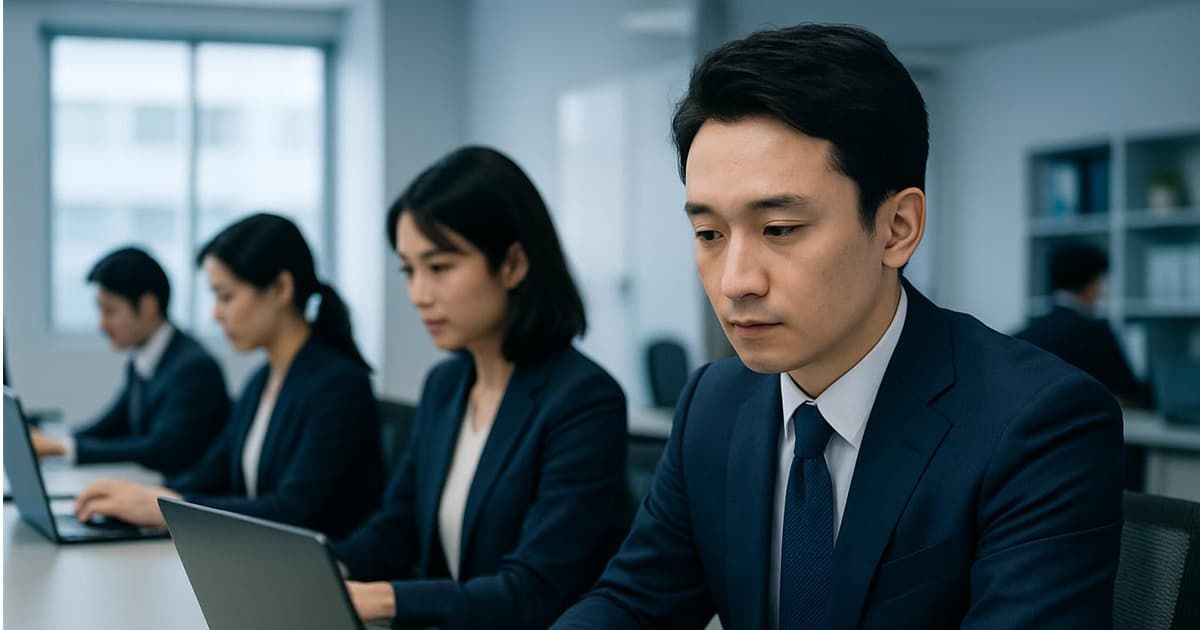 並んで机の向かってパソコン操作している複数の男女