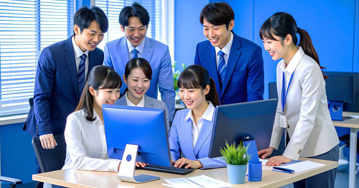 パソコンの前に集まってPhotoshopの編集画面みて相談する男女