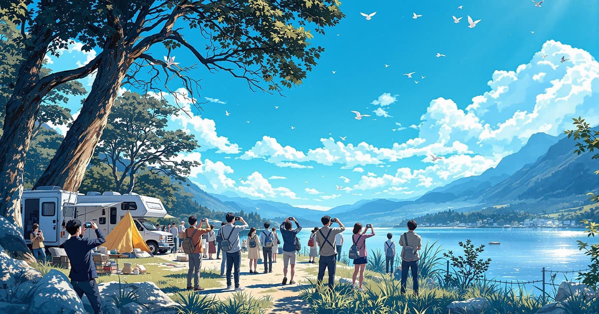 湖に向けてカメラのシャッター切っている沢山の人