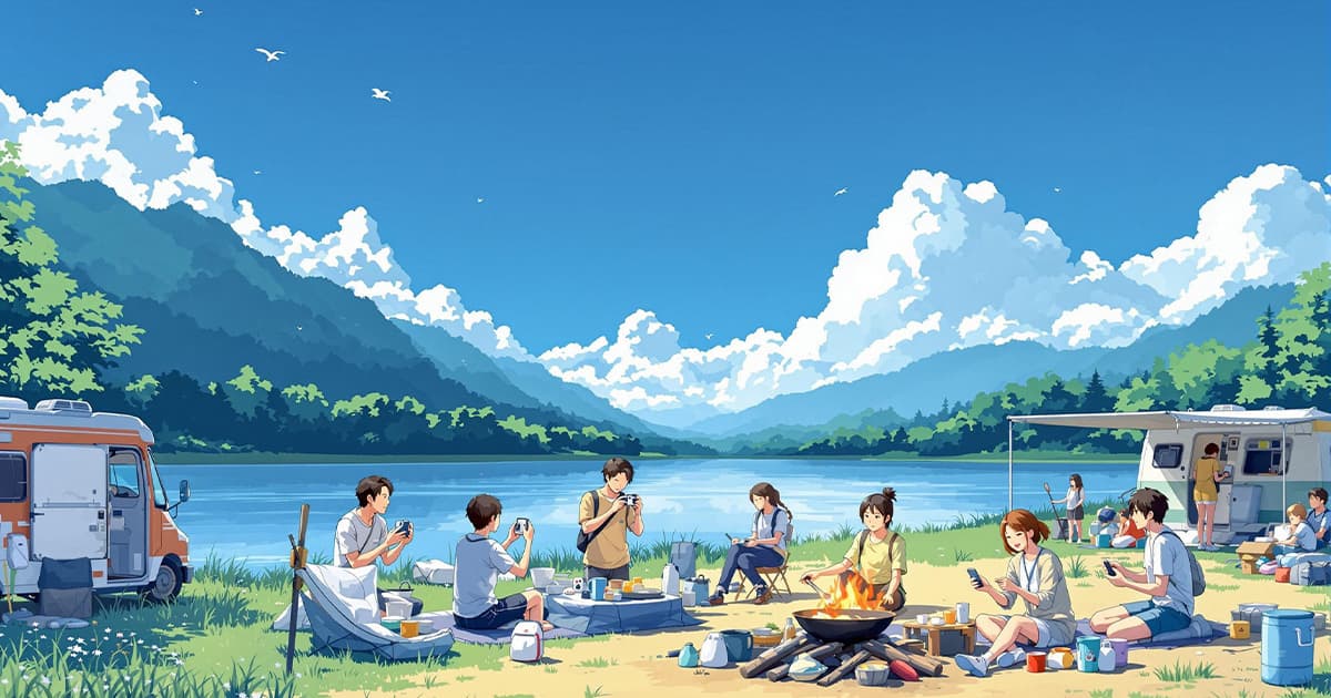 湖の畔でキャンプしてカメラを構えている男性たち