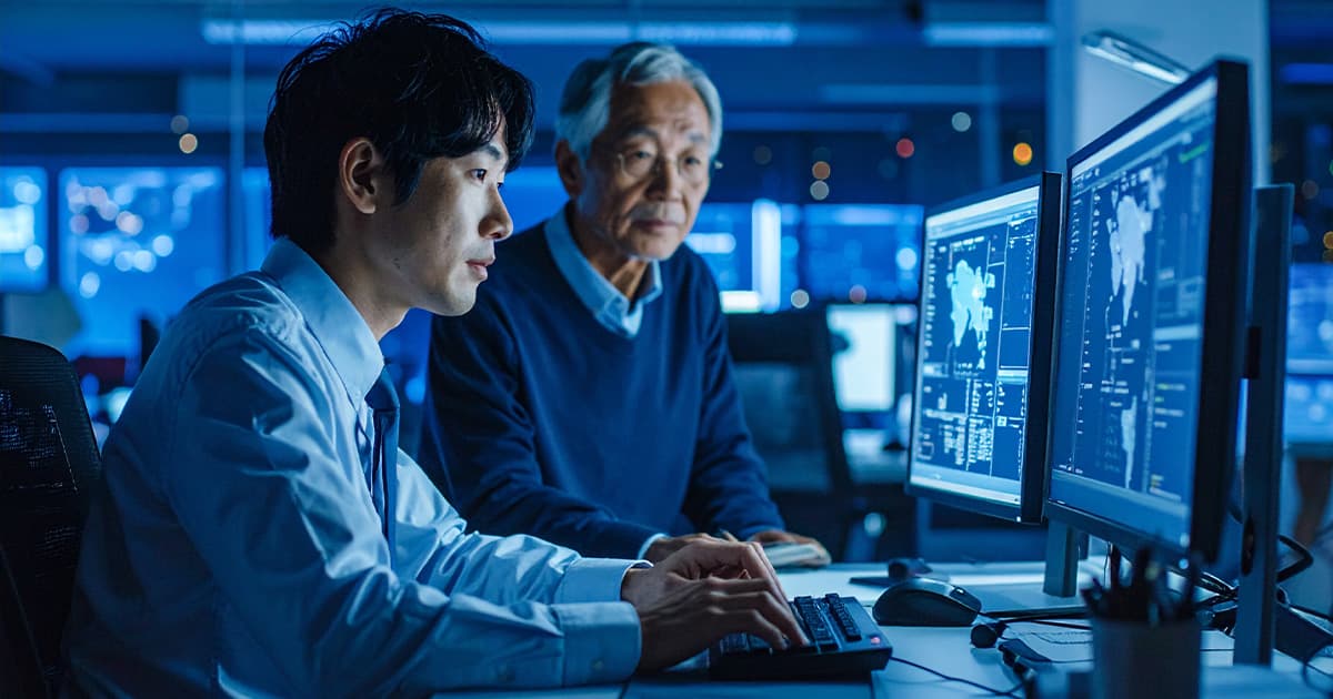男性社員と上司がパソコン画面を見ている