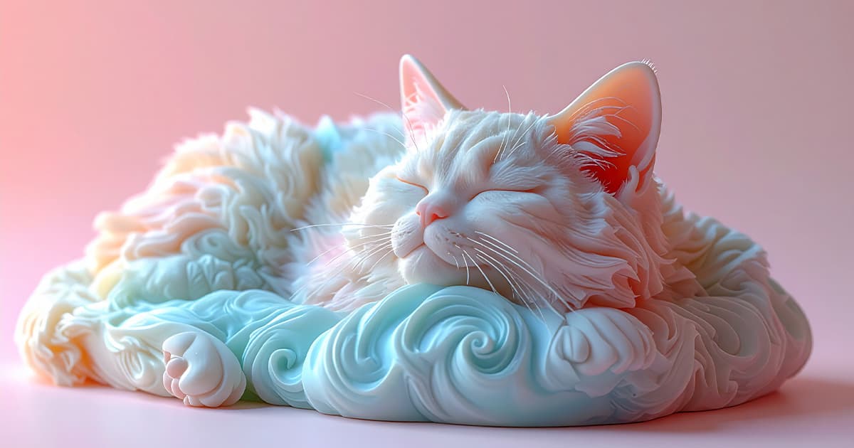 石鹸で出来たようなカラフルな猫が座布団で気持ちよさそうに眠っている