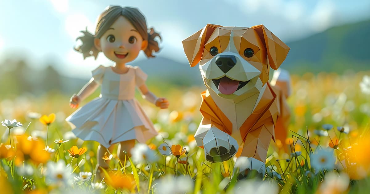 ペーパークラフト風の犬と女の子が花がたくさん咲いた野原を走っている