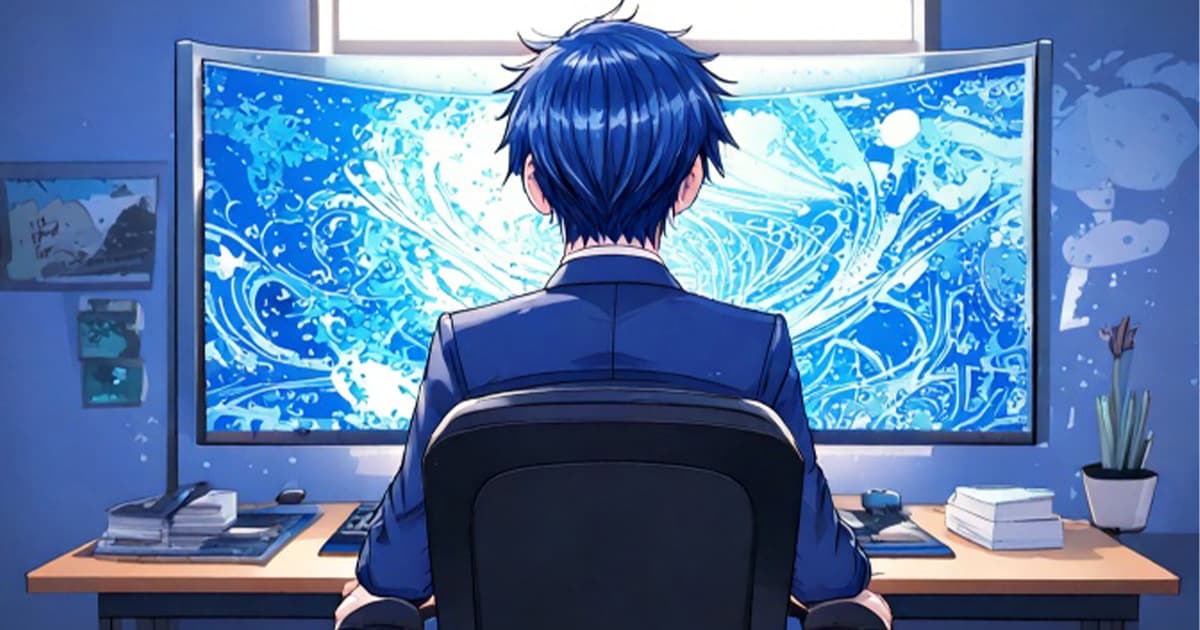 パソコンを見ている男性の後ろ姿