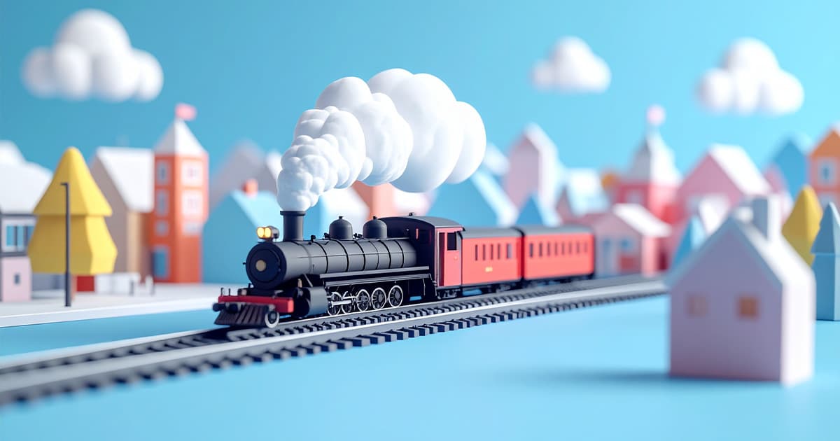 3Dの蒸気機関車が街を走っている