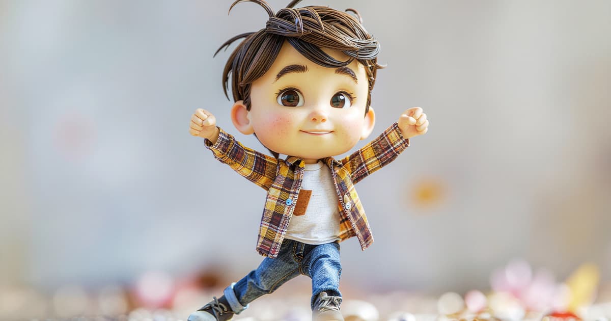 3Dキャラクターの男の子が大きく足を広げ手を上げてポーズ