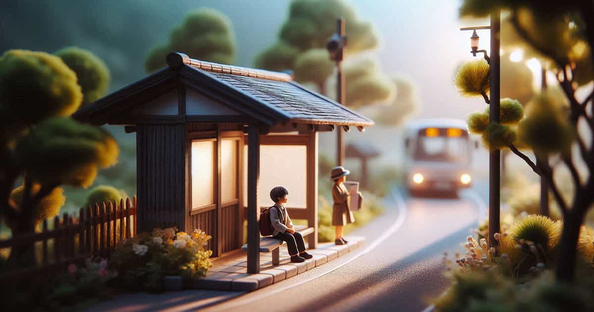 田舎のバス停で待つ人のミニチュア