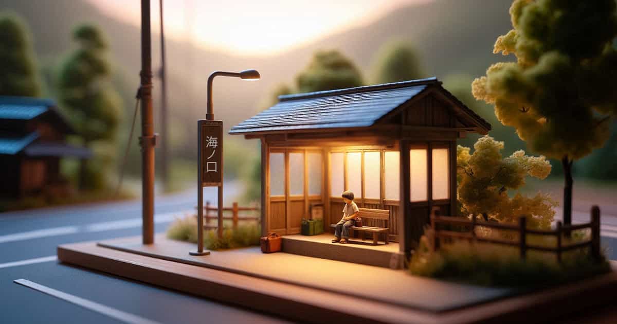 田舎のバス停で待つ人のミニチュア