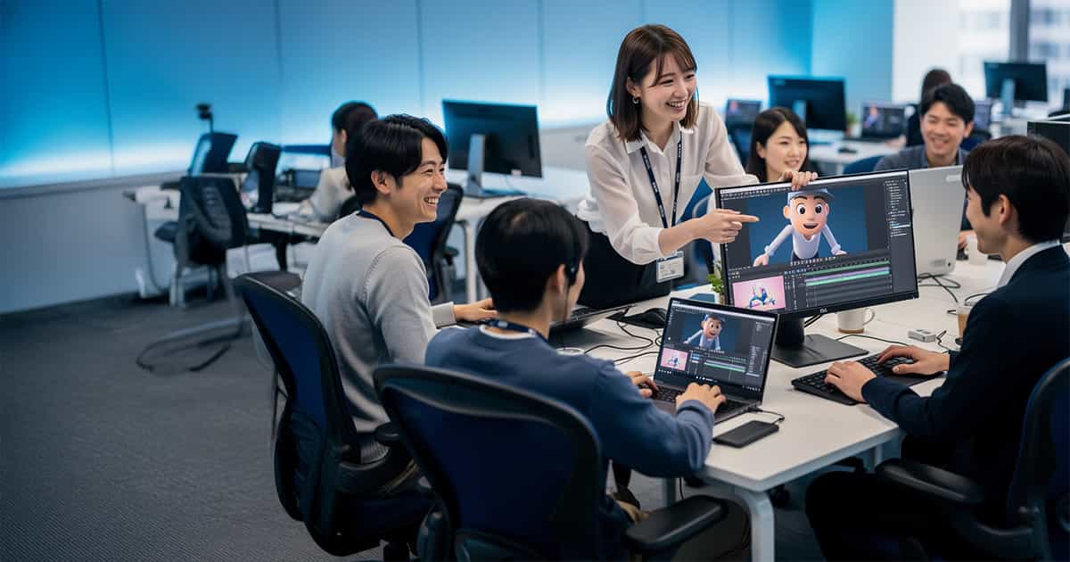 ３Dキャララクターの会議をしている