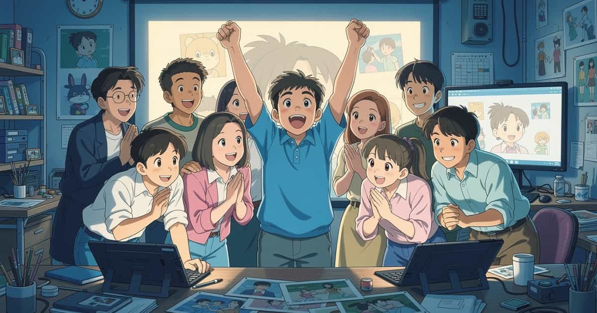 アニメーションが完成してみんなで喜んでいる「