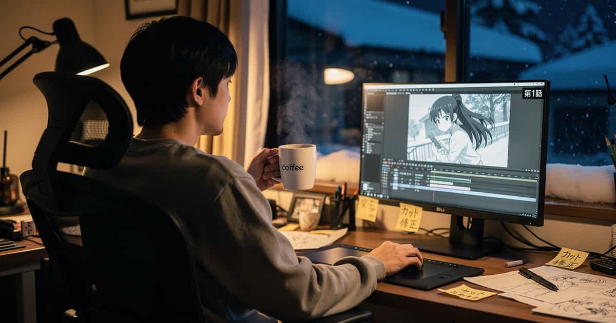 2Dアニメーションを制作中の男性