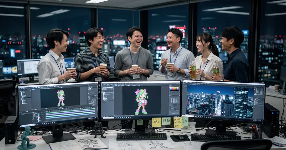 休憩中に談笑する男女数名