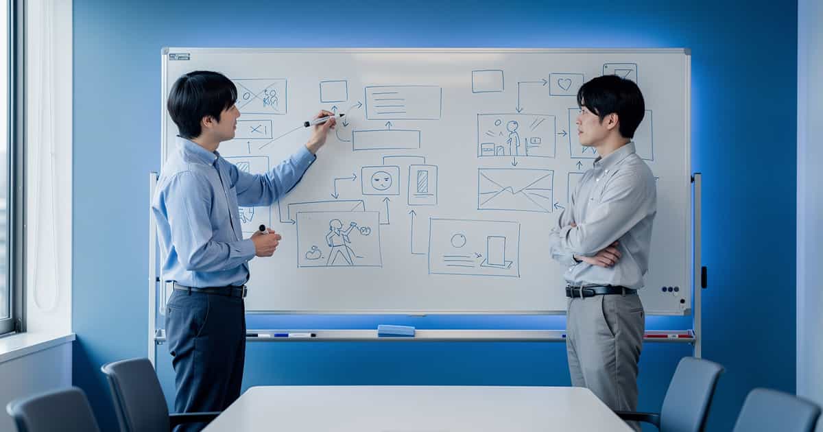 ホワイトボードの前で会議中の男性2人