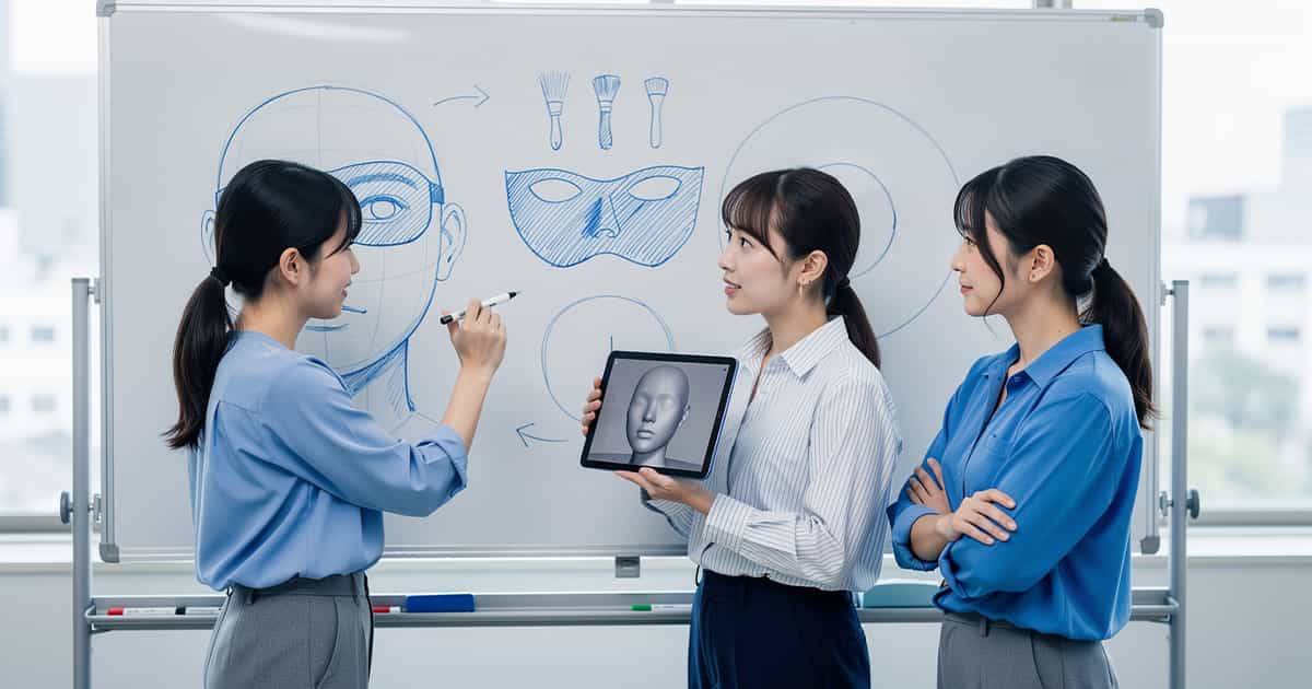 ホワイトボードの前で会議中の女性3名