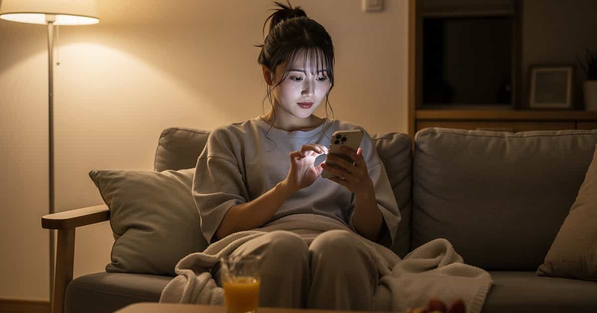 ソマートフォンでAI検索をしたいる女性