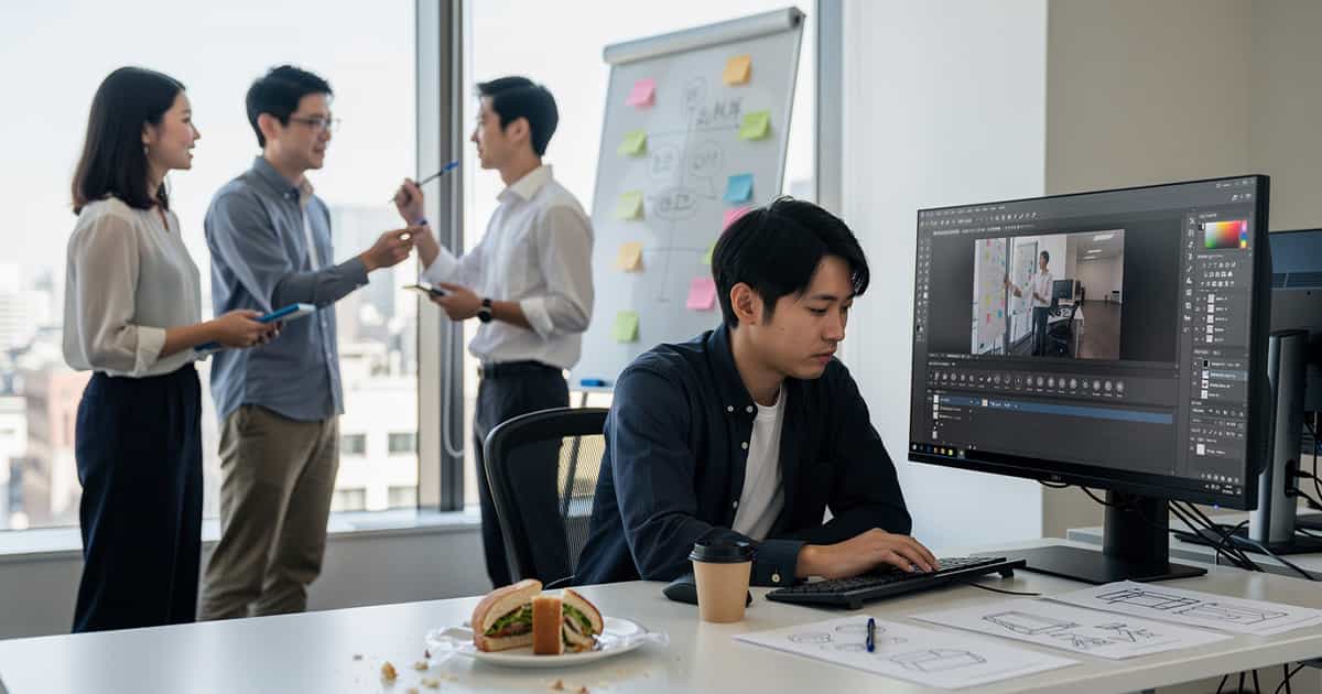 Illustratorのパソコンを操作する男性の後ろで３名でホワイトボードで会議する男女３名