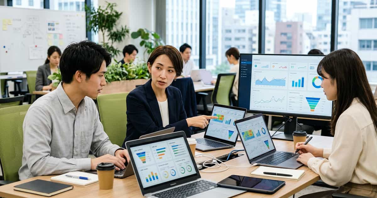 LPの成果を最大化するための分析と改善方法」のイメージでグループメンバー同士がパソコンで編集作業中