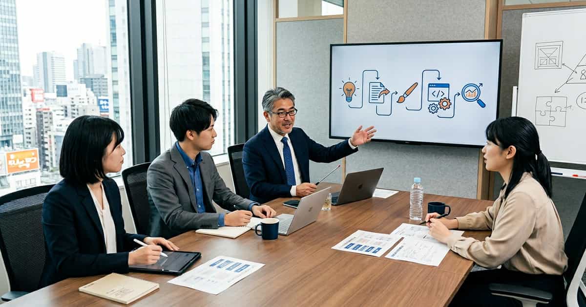 LPへの広告の掲載方法と手順」のイメージで上司とグループメンバーが会議中